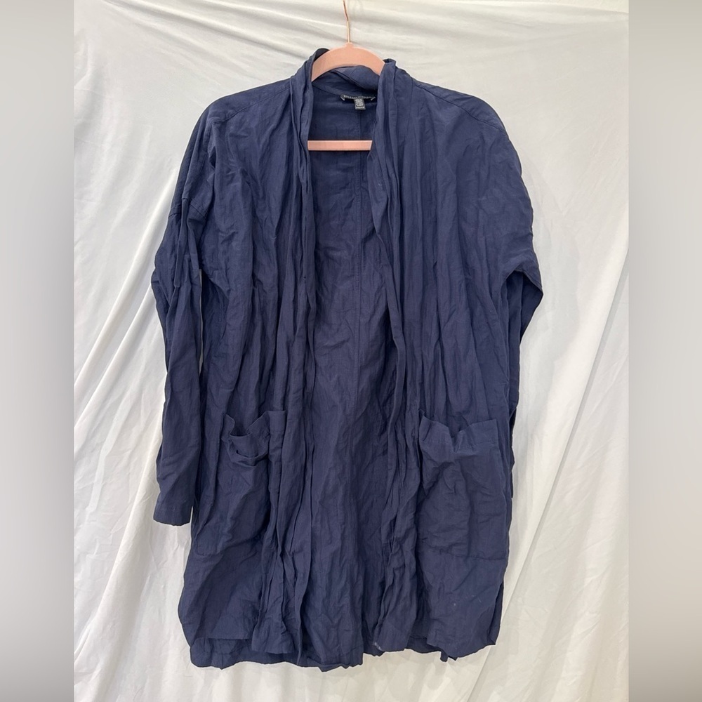 Eileen Fisher open crinkle navy pocket cardigan coat lightweight XXS organic - Picture 1 of 8